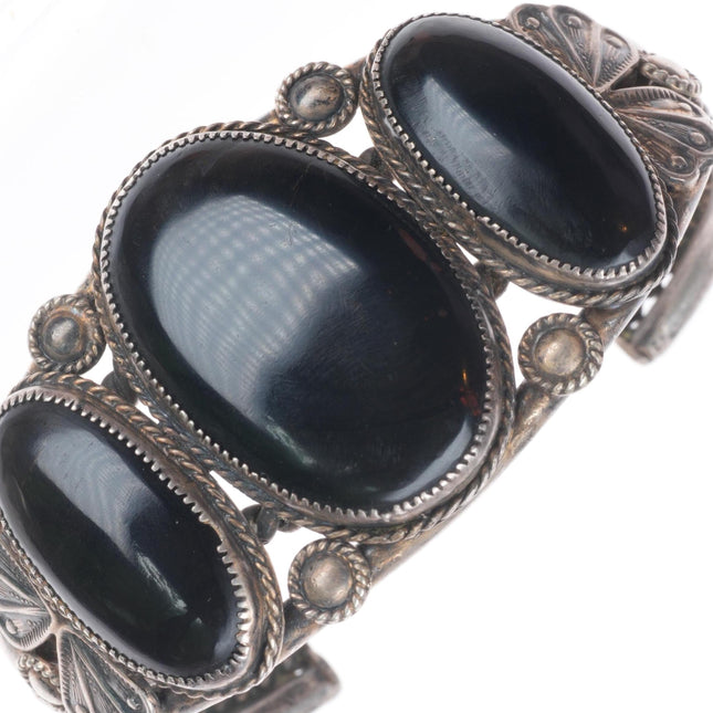 6.5" c1950's Vintage Navajo sterling silver 3 stone onyx cuff bracelet