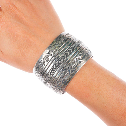 6.5" Patrick Yellowhorse deep stamped sterling silver wide band cuff bracelet