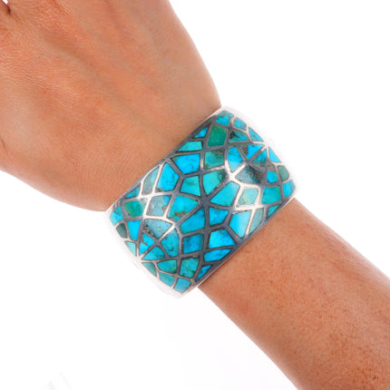 6.6" Big Vintage Navajo sterling silver domed turquoise inlay cuff bracelet