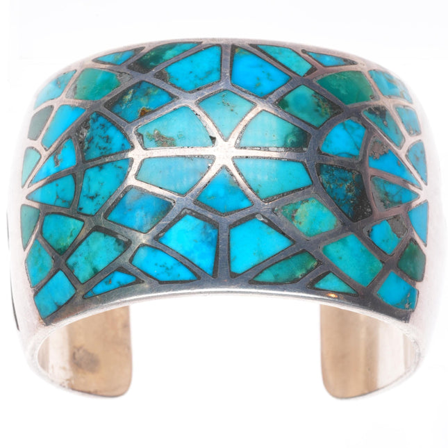 6.6" Big Vintage Navajo sterling silver domed turquoise inlay cuff bracelet