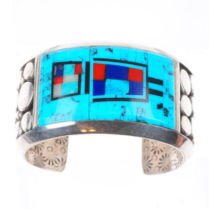6.25" Jim Robinson Southwest sterling silver turquoise inlaid Yei cuff bracelet