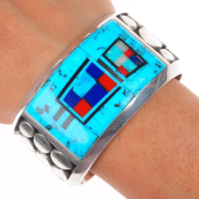 6.25" Jim Robinson Southwest sterling silver turquoise inlaid Yei cuff bracelet