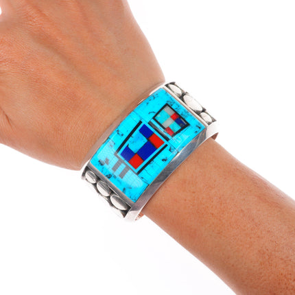 6.25" Jim Robinson Southwest sterling silver turquoise inlaid Yei cuff bracelet