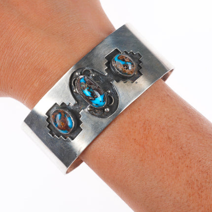 7" Vintage Navajo Bisbee Turquoise sterling silver 3 stone cuff bracelet
