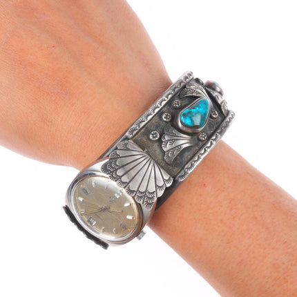 7.2" Vintage Navajo Bisbee turquoise sterling silver watch cuff bracelet