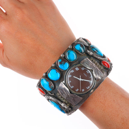 7.5" Bisbee Turquoise/Coral Zuni snakes sterling silver watch cuff bracelet