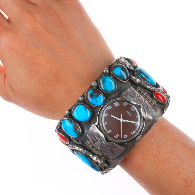 7.5" Bisbee Turquoise/Coral Zuni snakes sterling silver watch cuff bracelet