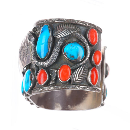7.5" Bisbee Turquoise/Coral Zuni snakes sterling silver watch cuff bracelet