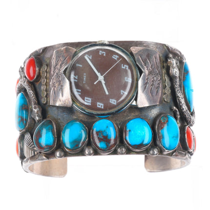 7.5" Bisbee Turquoise/Coral Zuni snakes sterling silver watch cuff bracelet