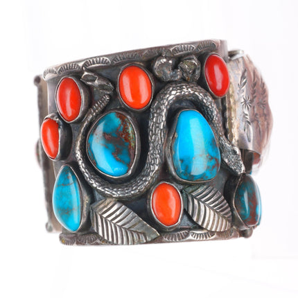 7.5" Bisbee Turquoise/Coral Zuni snakes sterling silver watch cuff bracelet