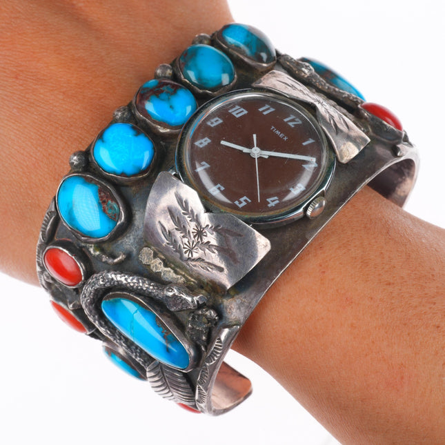 7.5" Bisbee Turquoise/Coral Zuni snakes sterling silver watch cuff bracelet
