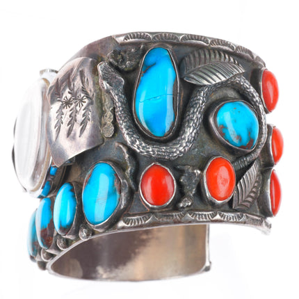 7.5" Bisbee Turquoise/Coral Zuni snakes sterling silver watch cuff bracelet