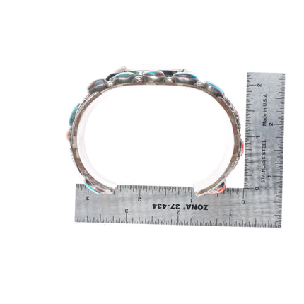 7.5" Bisbee Turquoise/Coral Zuni snakes sterling silver watch cuff bracelet