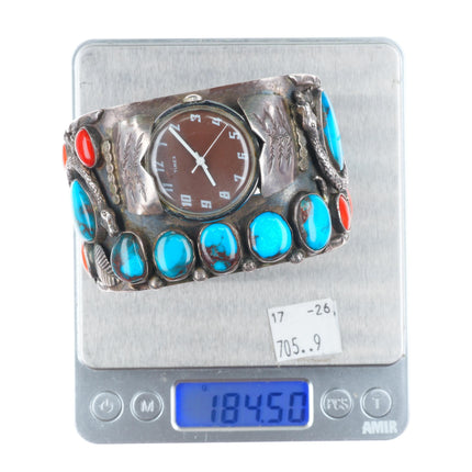 7.5" Bisbee Turquoise/Coral Zuni snakes sterling silver watch cuff bracelet
