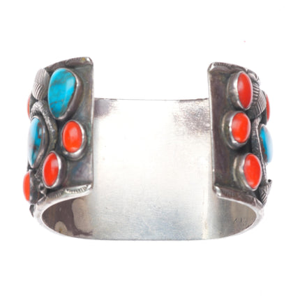 7.5" Bisbee Turquoise/Coral Zuni snakes sterling silver watch cuff bracelet