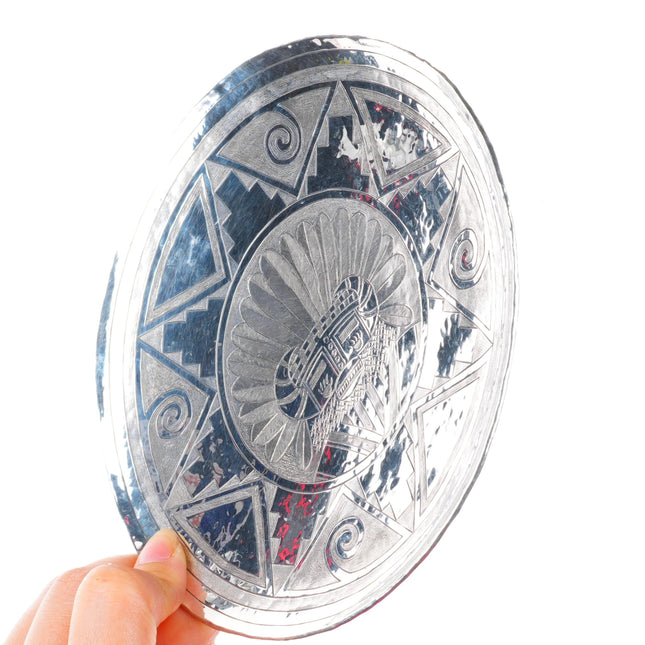 White Buffalo-Comanche Mike Perez sterling silver engraved kachina dish