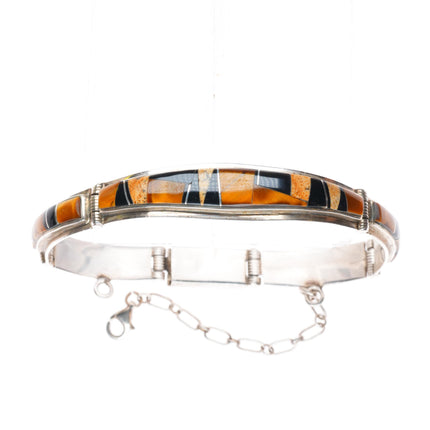 7" Jay Boyd Navajo sterling silver Tigers Eye-petrified wood-onyx link bracelet