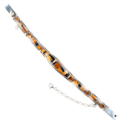 7" Jay Boyd Navajo sterling silver Tigers Eye-petrified wood-onyx link bracelet