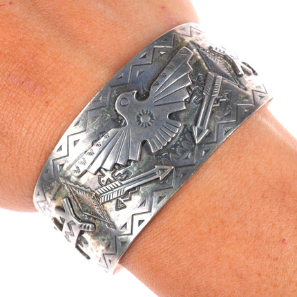 6.3" c1940's Fred Harvey Era large sterling silver thunderbird cuff bracelet