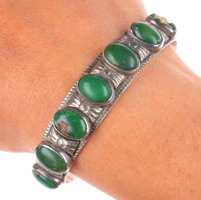 6.5" 30's-40's Navajo Cerrillos turquoise row cuff bracelet sterling silver