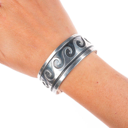 6.5" Vintage Navajo sterling silver water/wave overlay style cuff bracelet