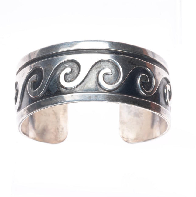 6.5" Vintage Navajo sterling silver water/wave overlay style cuff bracelet