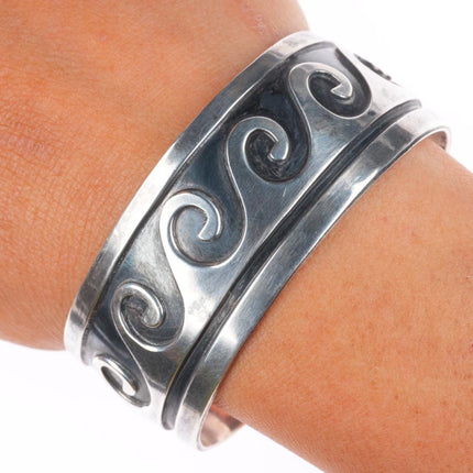 6.5" Vintage Navajo sterling silver water/wave overlay style cuff bracelet