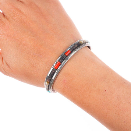 6.1" Pete Sierra Navajo sterling silver heishi shell/turquoise bead inlaid cuff bracelet