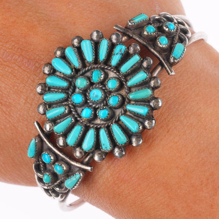6.2" Vintage Zuni sterling silver turquoise petit point cluster cuff bracelet