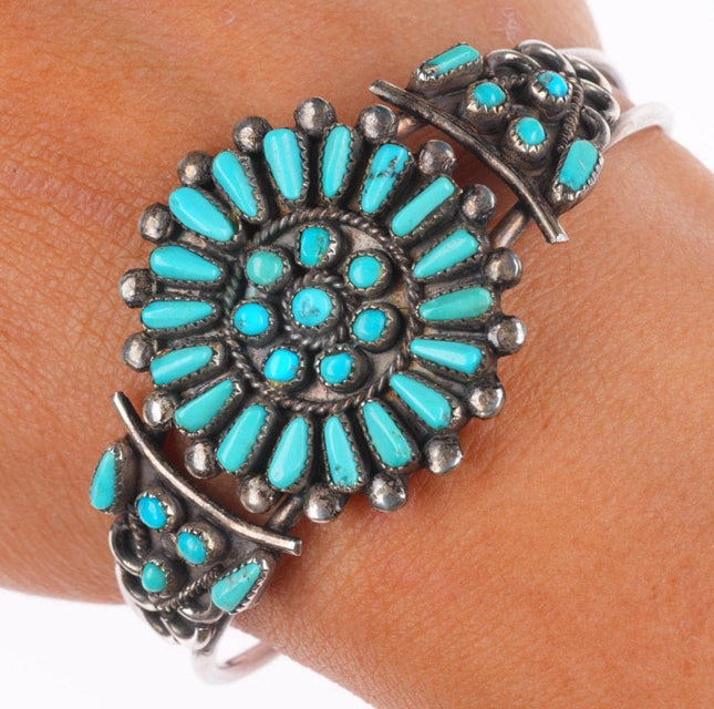 6.2" Vintage Zuni sterling silver turquoise petit point cluster cuff bracelet