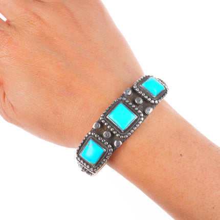 7" 1930's Navajo Sleeping Beauty turquoise sterling silver 3 stone cuff bracelet