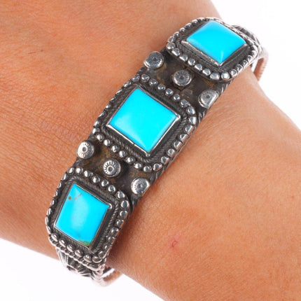 7" 1930's Navajo Sleeping Beauty turquoise sterling silver 3 stone cuff bracelet