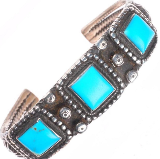 7" 1930's Navajo Sleeping Beauty turquoise sterling silver 3 stone cuff bracelet
