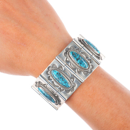 6.75" Dan Oliver Navajo sterling silver spiderweb turquoise heavy link bracelet
