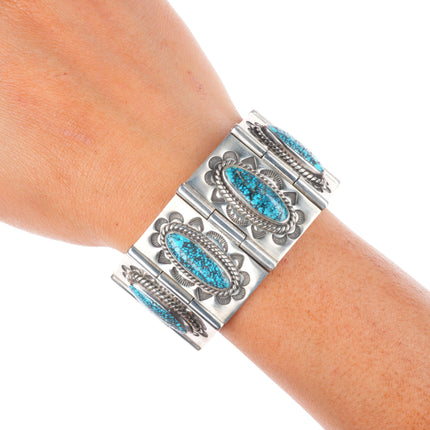 6.75" Dan Oliver Navajo sterling silver spiderweb turquoise heavy link bracelet