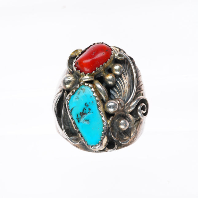 sz10 Vintage Navajo sterling silver turquoise and coral size 10 men's ring