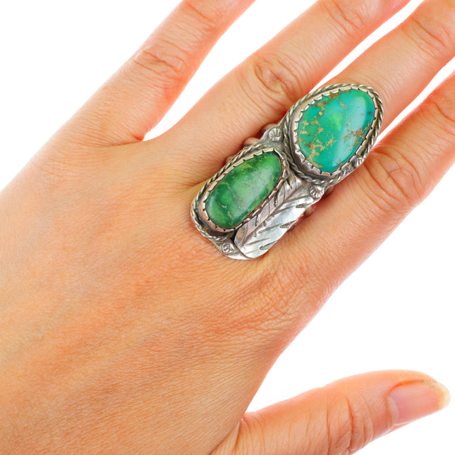 sz9.5 vintage Navajo sterling silver 2 green turquoise sterling silver ring