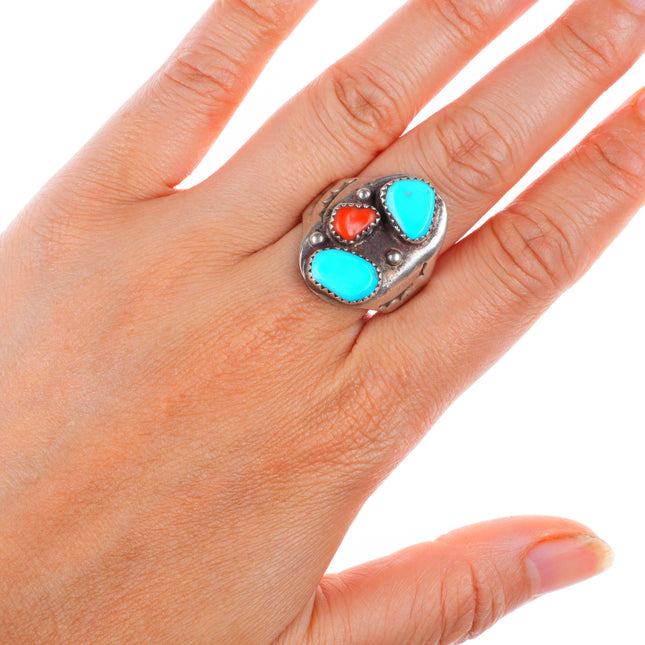 sz8.5 Vintage TL Navajo sterling silver turquoise & Coral size 8.5 ring