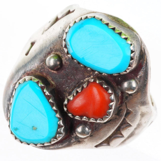 sz8.5 Vintage TL Navajo sterling silver turquoise & Coral size 8.5 ring