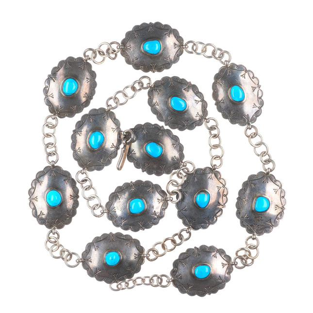43" Vintage Native American sterling silver turquoise link concho belt