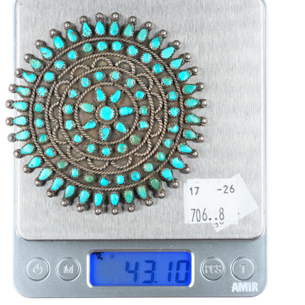 Large 30'so-40's Zuni turquoise cluster petit point sterling silver pin/brooch
