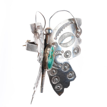 c1940's Navajo sterling silver stamped butterfly pin/brooch with nice turquoise