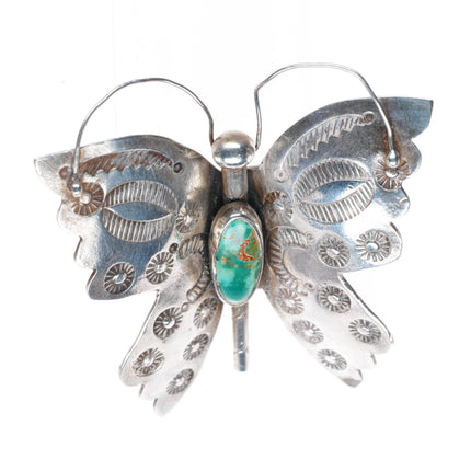 c1940's Navajo sterling silver stamped butterfly pin/brooch with nice turquoise