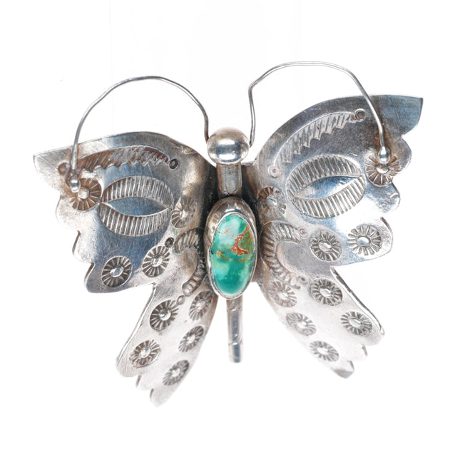 c1940's Navajo sterling silver stamped butterfly pin/brooch with nice turquoise