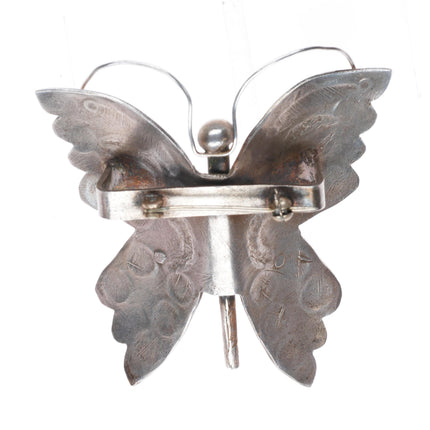 c1940's Navajo sterling silver stamped butterfly pin/brooch with nice turquoise