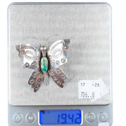 c1940's Navajo sterling silver stamped butterfly pin/brooch with nice turquoise
