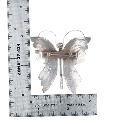 c1940's Navajo sterling silver stamped butterfly pin/brooch with nice turquoise