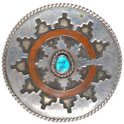1.75" vintage Navajo basket sterling silver, copper, turquoise belt buckle