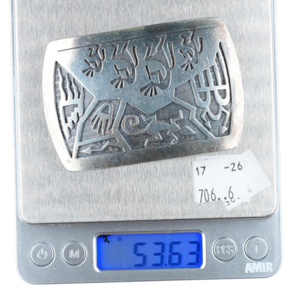 1.25" Gene Pooyouma Hopi overlay Kokopelli sterling silver belt buckle