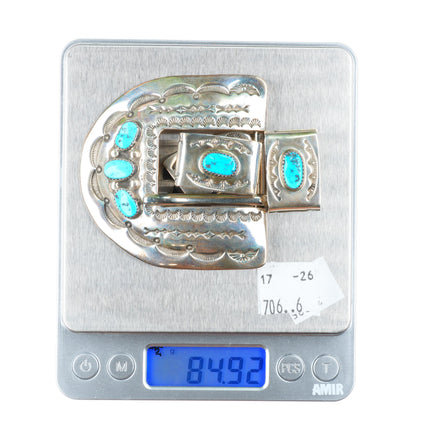 1" Joe Moquino Navajo sterling silver turquoise ranger belt buckle set